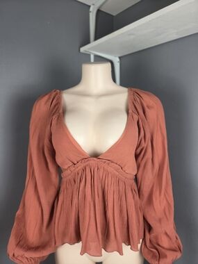 Aakaa Terracotta Striped Elastic-Neck Blouse